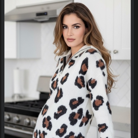Sweaters - knit and cozy fall time leopard half zip up sweater pullover